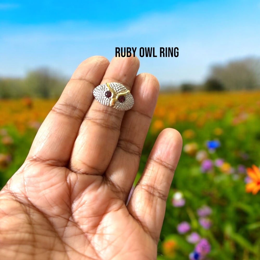 313R. Ruby Silver and Gold Owl Charm Ring